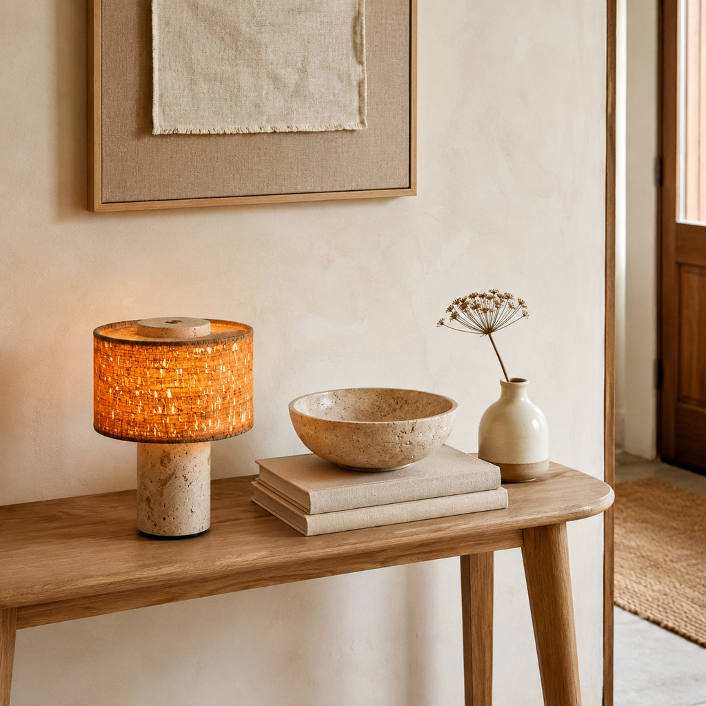 Mid-Century Travertine Cylinder Table Lamp