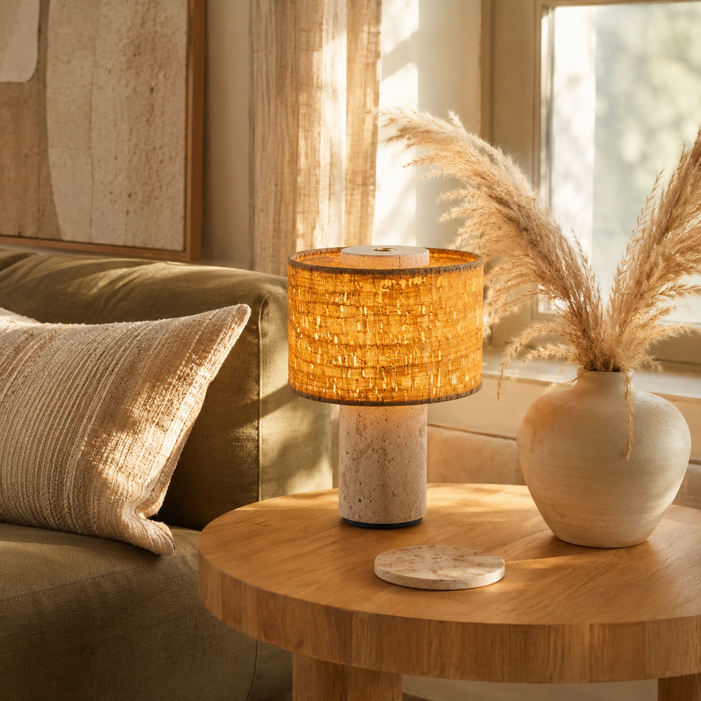 Mid-Century Travertine Cylinder Table Lamp