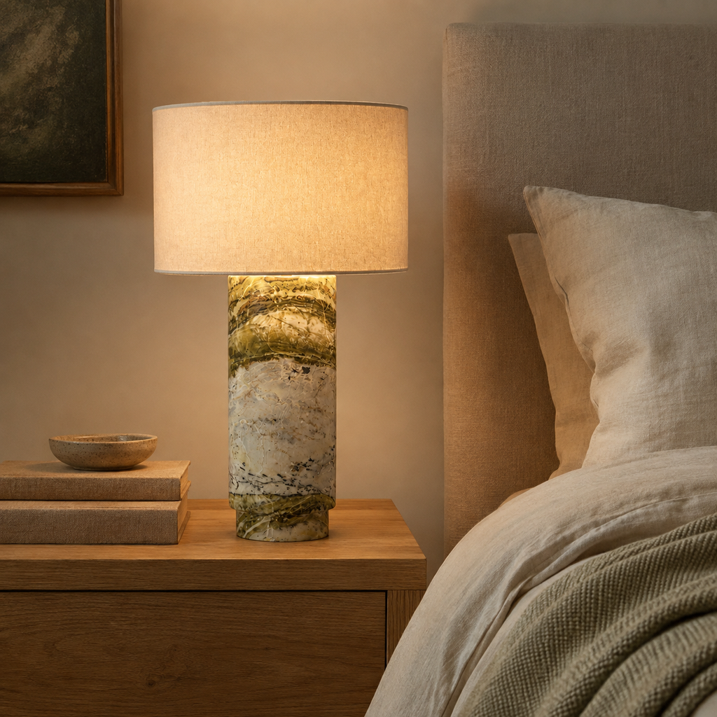 Mid-Century Green Marble Column Table Lamp