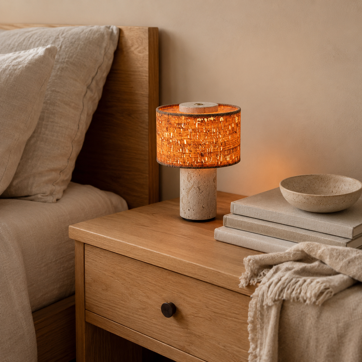 Mid-Century Travertine Cylinder Table Lamp