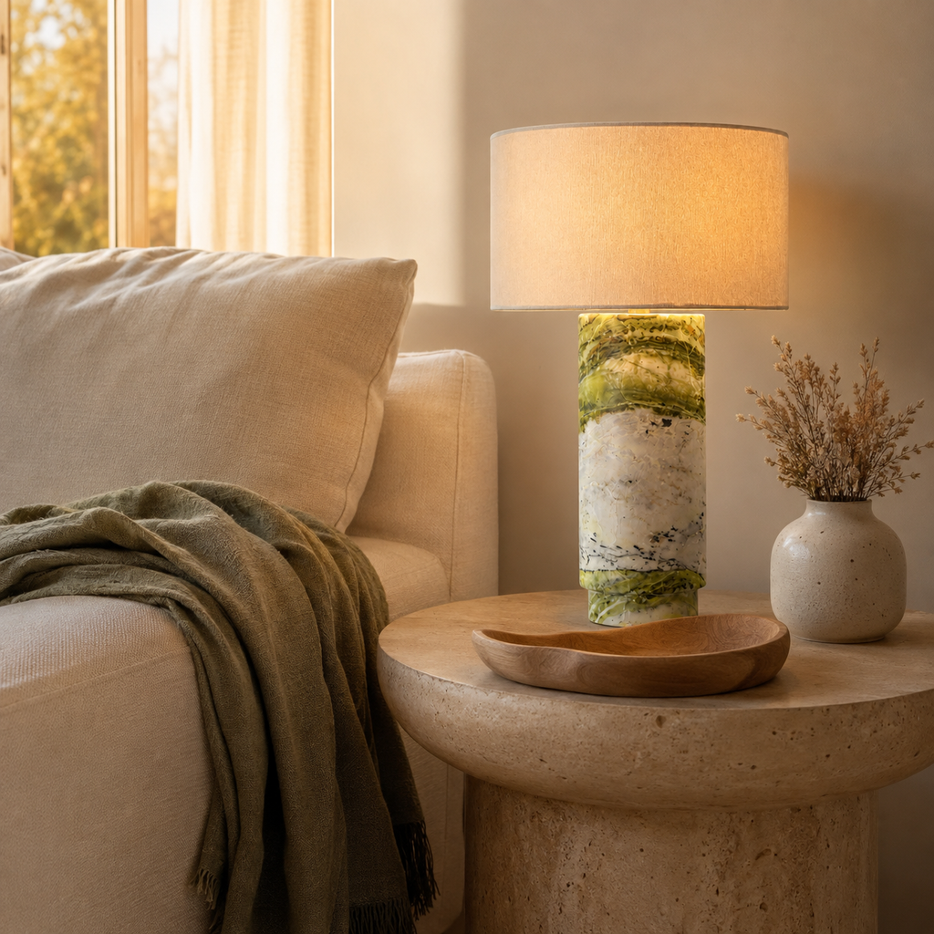 Mid-Century Green Marble Column Table Lamp