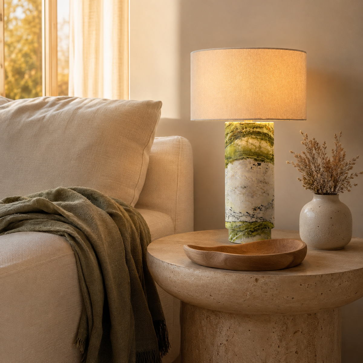 Mid-Century Green Marble Column Table Lamp
