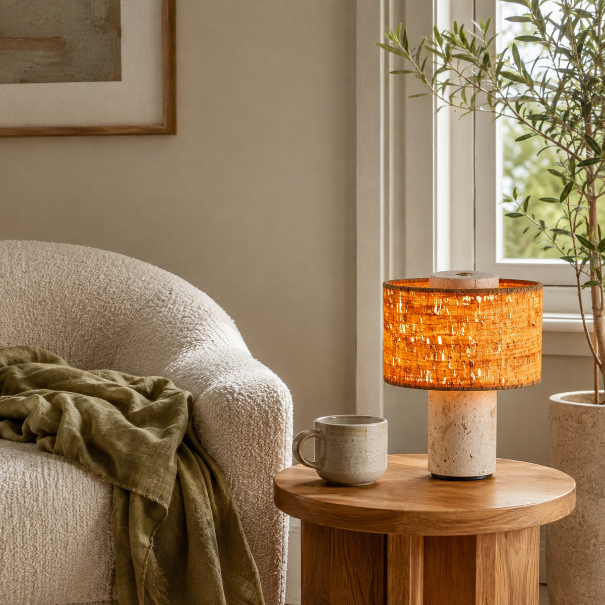 Mid-Century Travertine Cylinder Table Lamp