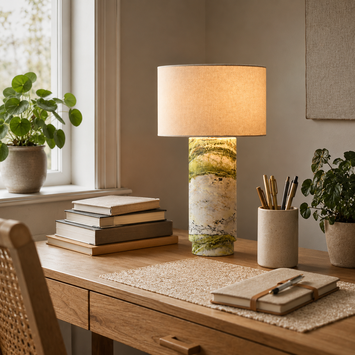 Mid-Century Green Marble Column Table Lamp