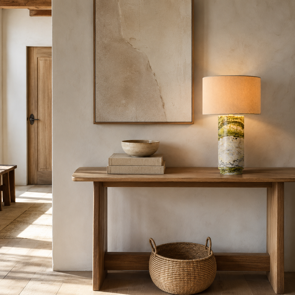 Mid-Century Green Marble Column Table Lamp